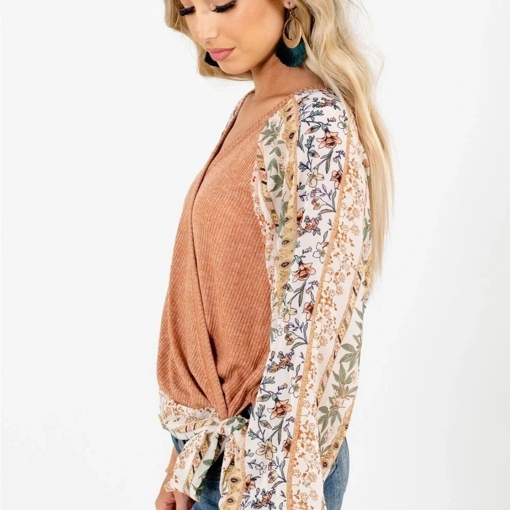 NWOT Blu Pepper | Burnt Orange Bohemian Top /bow Sz M - Picture 7 of 12
